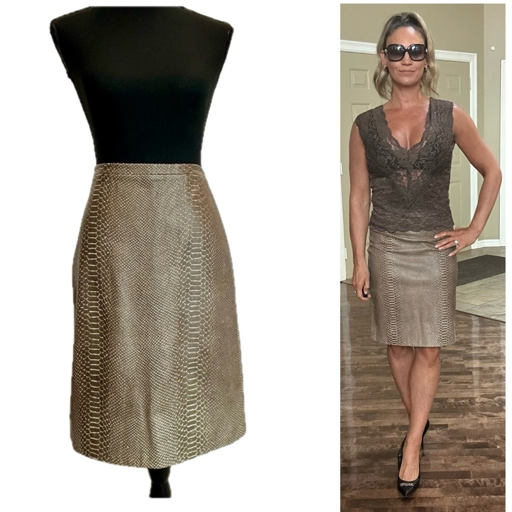 BCBGMaxazria taupe brown python snake print genuine leather pencil skirt Sz 4